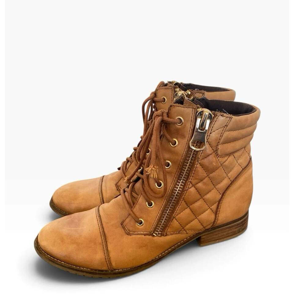 ALDO Women’s Cognac Brown Quilted Lace Up Ankle Boots Gold Zipper Size 9